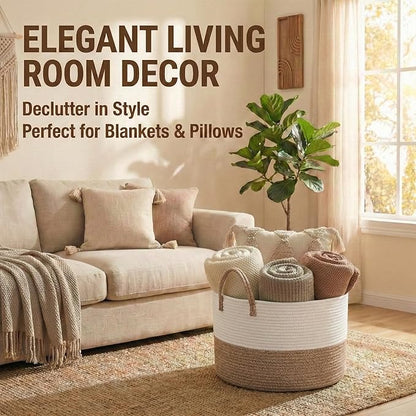 JMvicyroam 115L Extra Large Blanket Basket for Living Room - Woven Cotton Rope Laundry Hamper with Reinforced Handles - Storage Bin for Pillows, Comforters & Toys - Machine Washable,White&Brown