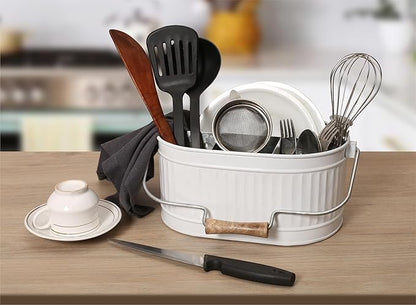 Alpha Living Home Rustic Heavy Duty Alloy Multi-Compartment Silverware Caddy - Metal Utensil Versatile All-in-One Organizer for Kitchen, Bathroom & Office Utensils, Flatware, and Accessories (White)