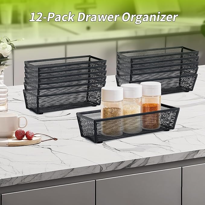 Neudeco Silverware Organizer,Mesh Drawer Organizer for Kitchen，Metal Utensil Organizer for Flatware, Knives, Spoons,Cosmetic (Black 9 * 3 * 2 inch Pack12)