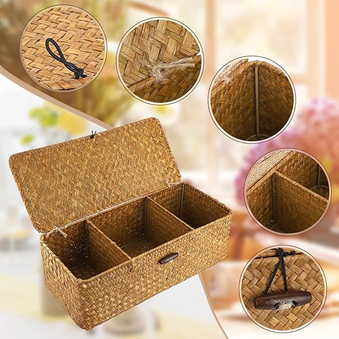 Hipiwe Seagrass Storage Basket Bin with Lid Rectangular Woven Shelf Baskets for Closets Pantry Bathroom Kitchen Shelf Organizing, Caramel,14.2" x 6.3''x 4.7''