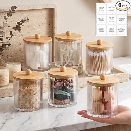 Yaomiao 6 Pcs Ribbed Bathroom Canisters Apothecary Jars with Wood Color Bamboo Lids and Label Stickers, 18 oz Plastic Canister with Fluted Design for Cotton Ball, Swab, Floss Picks House Storage