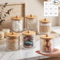 Yaomiao 6 Pcs Ribbed Bathroom Canisters Apothecary Jars with Wood Color Bamboo Lids and Label Stickers, 18 oz Plastic Canister with Fluted Design for Cotton Ball, Swab, Floss Picks House Storage