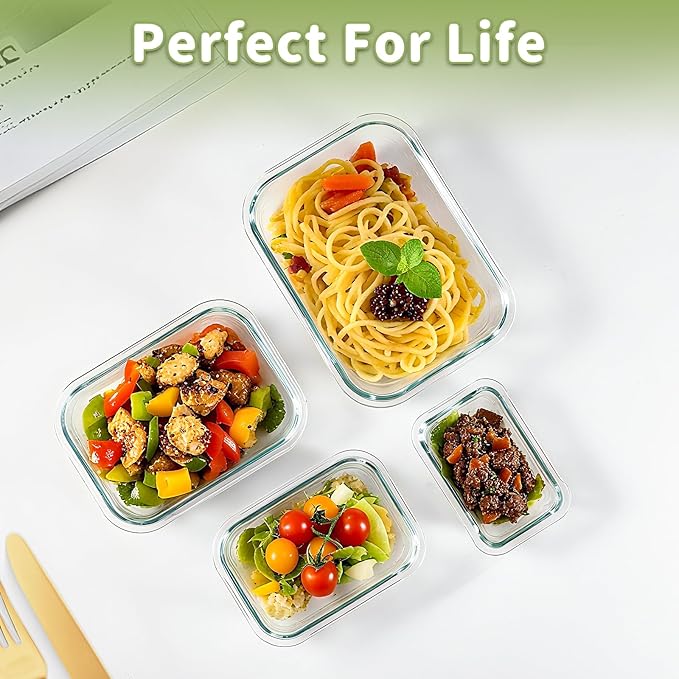 HOMBERKING 8 Pack Glass Food Storage Containers with Lids, Meal Prep Containers, Airtight Bento Boxes with Leak Proof Locking for Microwave, Oven, Freezer and Dishwasher, BPA Free, 5-35oz