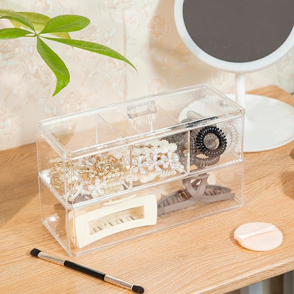 2Layer Hair Accessories Organizer for Girls, Acrylic Hair Tie Organizer for Headband, bows, Hair Clip, Cotton Swab Organization, Hair Clip Holder, Hair Organizer Storage with Lid