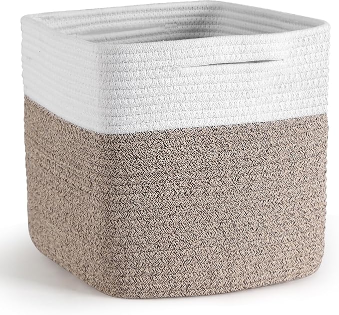 Cube Storage Bins 11 Inch Shelf Cotton Rope Baskets for Organizing, Woven Storage Basket - For Magazines, Living Room, Closet, White+brown 1 Pack