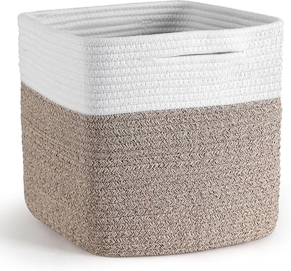 Cube Storage Bins 11 Inch Shelf Cotton Rope Baskets for Organizing, Woven Storage Basket - For Magazines, Living Room, Closet, White+brown 1 Pack