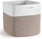 Cube Storage Bins 11 Inch Shelf Cotton Rope Baskets for Organizing, Woven Storage Basket - For Magazines, Living Room, Closet, White+brown 1 Pack