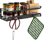 Spice Rack Wall Mount with Hooks - Spice Racks Organizer for Cabinet Storage, Wall Mounted Hanging Shelf Seasoning Organizer, for Kitchen, Pantry Door, Bathroom (Black, 1 Pack)