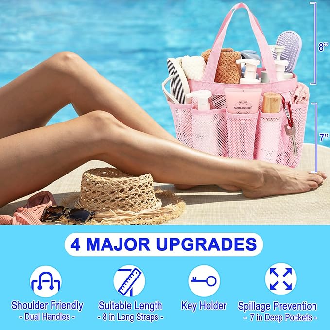 Fammart Mesh Shower Caddy Portable for College Dorm Room Essentials, Odorless Polyester Large Shower Tote Bag with Dual Handles, 8-Pocket Quick-Dry Toiletry Organizer for Travel, Beach, Camping, Gym