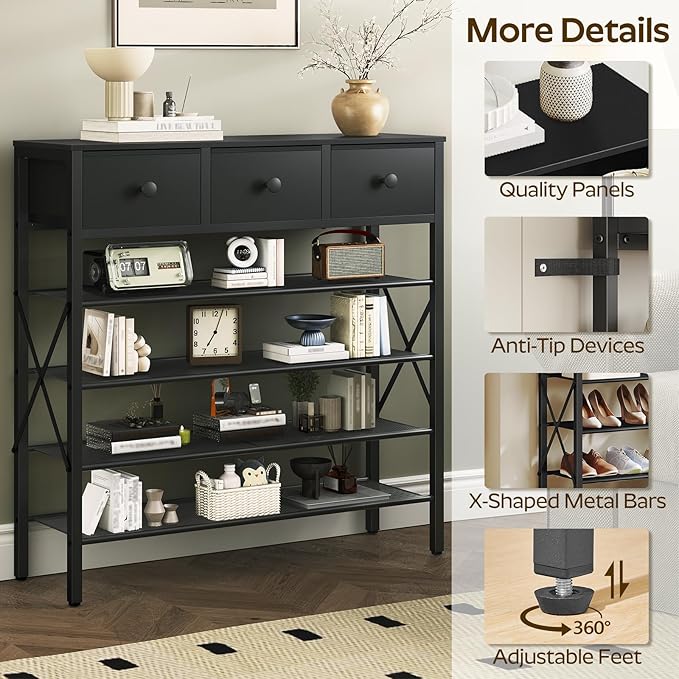 YATINEY 5-Tier Shoe Rack with 3 Drawers, Metal Shoe Organizer for 20 Pairs with Storage Shelves and Wooden Top, for Entryway, Hallway, Foyer, Closet, Black SS35BB