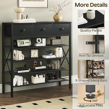 YATINEY 5-Tier Shoe Rack with 3 Drawers, Metal Shoe Organizer for 20 Pairs with Storage Shelves and Wooden Top, for Entryway, Hallway, Foyer, Closet, Black SS35BB