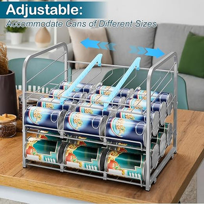 Stackable Can Organizer for Pantry Organizers and Storage 2 Pack Adjustable Can Holders for Pantry Holds Up to 72 Cans with Metal Rack Dispenser for Kitchen Canned Foods and Drinks, 3 Tier, Silver