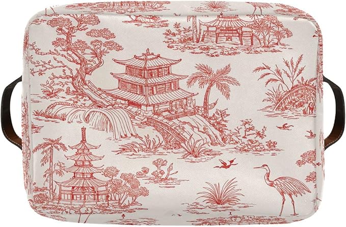 Chinoiserie Style Storage Baskets,Decorative Collapsible Rectangular Canvas Fabric Storage Bin for Home