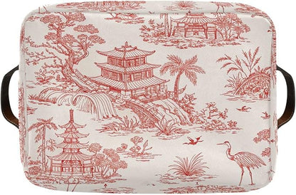 Chinoiserie Style Storage Baskets,Decorative Collapsible Rectangular Canvas Fabric Storage Bin for Home