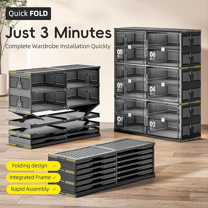 JEKO&JEKO 4 Tiers Foldable Shoe Rack Organizer Cabinet for Closet Entryway, Large Collapsible Shoe Storage Box with Magnetic Doors Fits Up to 16 Pairs (Black)