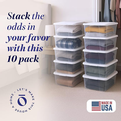 HOMZ 10-Pack Snaplock, Small Clear Plastic Storage Organizer Bins w/ Lids, 6 Quart, White - Stackable Container Boxes for Bedroom, Bathroom, Garage, and Office Organization