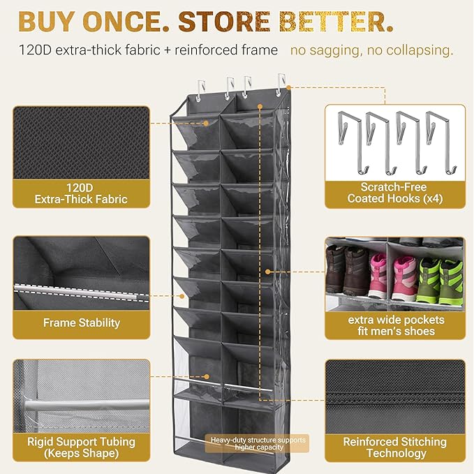 HOMELUX THEORY 30 Pairs Over The Door Shoe Organizer - 10 Tiers Deep Pockets Shoe Rack for Closet, Shoe Rack for Entryway & Hanging Shoe Organizer for Closet for Sneakers, Boots (V3, Dark Gray)