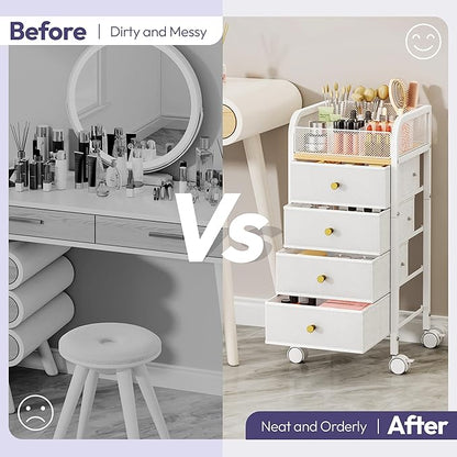 SWTYMIKI Rolling Makeup Organizer Cart - Under Desk Vanity Makeup Storage with 4 Non-woven Drawers, Nail Cart Organizer Cosmetic Display Cases Cabinet for Skin Care Perfume Nail Polish Brush Hair Tool