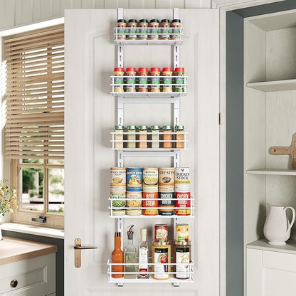 Adjustable 5-Tier Over the Door Pantry Organizer, Spice Rack, Narrow Hanging Shelf for Kitchen Storage and Organization (White)