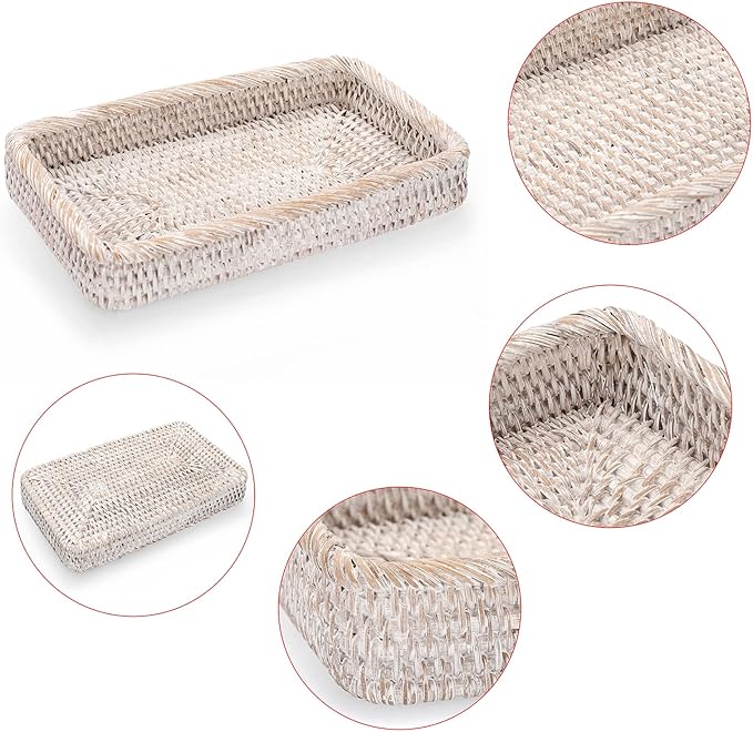 Sumnacon 10 Inch Rattan Bathroom Vanity Tray - Decorative Wicker Toilet Tank Tray for Paper Hand Towel, Vintage Storage Basket Bin for Bathroom Kitchen Toilet Tank Vanity Countertop Table Shelf White