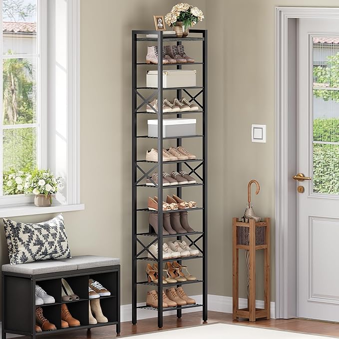 YATINEY 12-Tier Narrow Shoe Rack, Tall Shoe Rack for 12-24 Pairs, Slim Shoe Storage Organizer with Wooden Top, Space Saving, Metal Frame, for Entryway, Charcoal and Black SS61BC