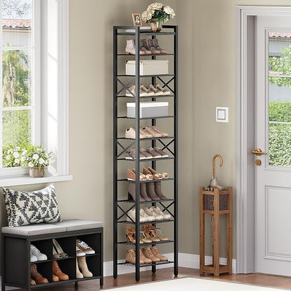 YATINEY 12-Tier Narrow Shoe Rack, Tall Shoe Rack for 12-24 Pairs, Slim Shoe Storage Organizer with Wooden Top, Space Saving, Metal Frame, for Entryway, Charcoal and Black SS61BC
