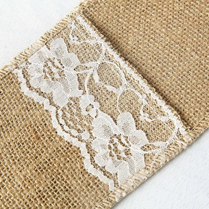 Efavormart 10 Pack Natural Burlap and Lace Silverware Holder Pouches, 4"x8" Rustic Cutlery Pockets for Weddings, Country Parties, and Vintage Themed Table Decor