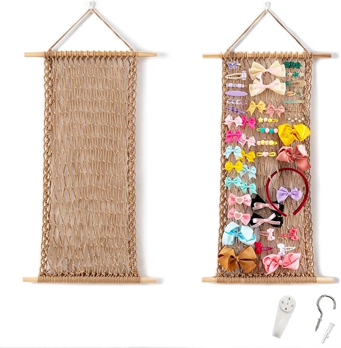 Pretty Jolly Macrame Hair Clips Accessories Organizer Hairbow Holder Rack for Girl Clips Storage Claw Clip Ornaments Keeper for Girls Room Wall Hanging Decor(Jute)