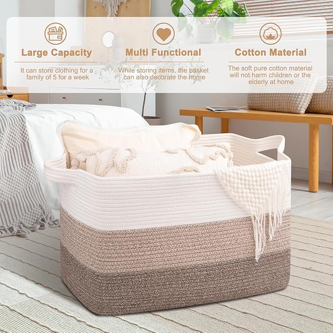OIAHOMY Extra Large Blanket Basket, 110L Cotton Rope Woven Laundry Basket, Toy Bin for Baby Room, Container for Blanket Storage in Living Room, 24.8''×17.3''×15.8'', Gradient Brown