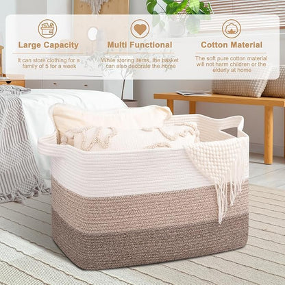 OIAHOMY Extra Large Blanket Basket, 110L Cotton Rope Woven Laundry Basket, Toy Bin for Baby Room, Container for Blanket Storage in Living Room, 24.8''×17.3''×15.8'', Gradient Brown