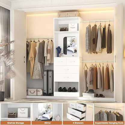 Unikito 48" W - 96” W Closet Organizer, 8FT Walk in Closet Systems Starter Kit with 25” Tower and 3 Extendable Hanging Rods, Sturdy Wood Garment Rack with 4 Drawers and Mirror, Max Load 1000 LBS White