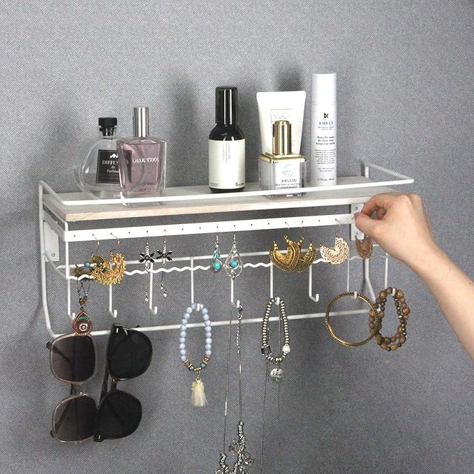 JackCubeDesign Hanging Jewelry Organizer with 9 Hooks, Wall Mount Necklace Earring Bracelet Sunglass Holder with Wood Shelf (White Metal) - MK237D