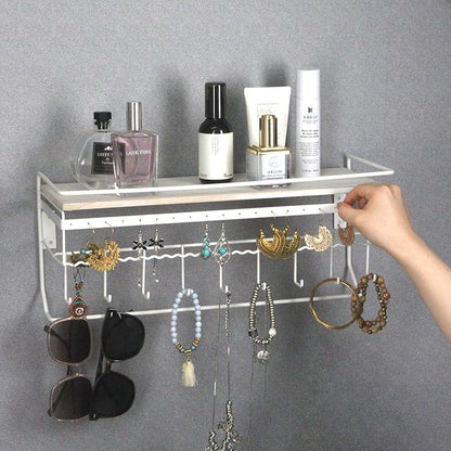 JackCubeDesign Hanging Jewelry Organizer with 9 Hooks, Wall Mount Necklace Earring Bracelet Sunglass Holder with Wood Shelf (White Metal) - MK237D