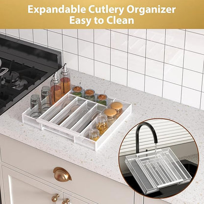 Sedegn Silverware Organizer Metal Mesh, Drawer Organizer, Utensil Cutlery Tray for kitchen drawers,Expandable Flatware Organizer with 7 Compartment White 9.6"~16.1" x 13.8"