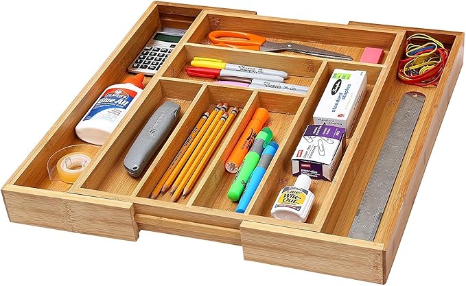 YBM Home & Kitchen Expandable 6-compartment Kitchen Utensil, Flatware, Cutlery Drawer Organizer Tray Size 18" width (12.5" wide closed), 17." Length, 2" Height. Item No.339