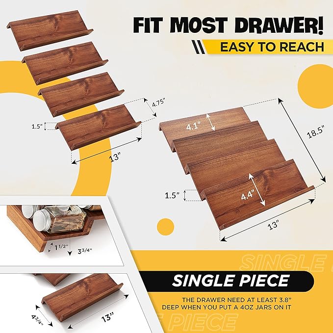 Tinamo Acacia Wooden Spice Rack Organizer for Cabinet - Spice Drawer Insert, Spice Organization for Cabinet, Seasoning Organizer, Spice Holder Pack of 4 (Acacia pack 4)