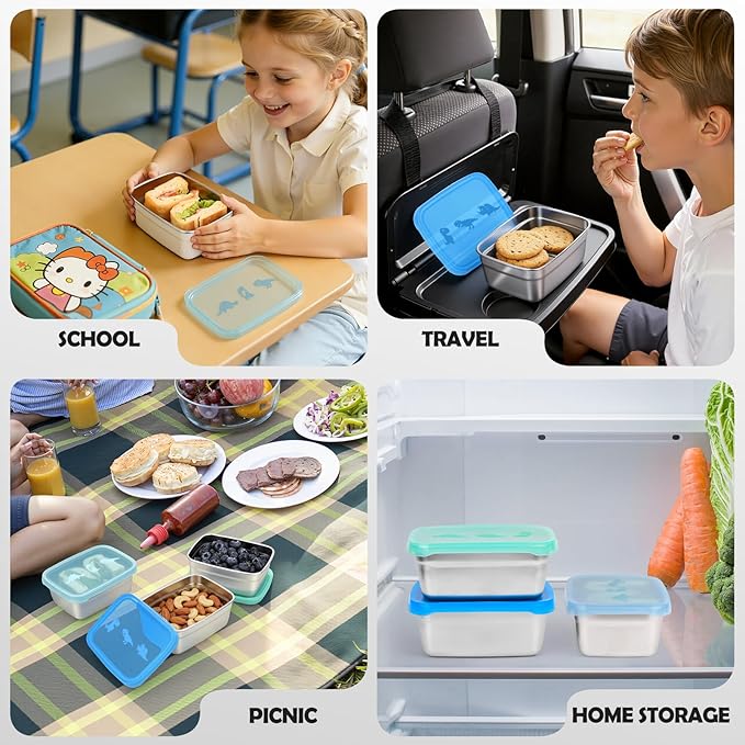 Tanjiae 3-Pack Stainless Steel Snack Containers - 550ml (18oz) Leakproof Colorful Lids with Cute Dinosaurs | LFGB Certified, Stackable Metal Lunch Box for Home, Picnic, Travel