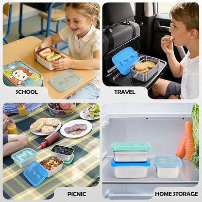 Tanjiae 3-Pack Stainless Steel Snack Containers - 550ml (18oz) Leakproof Colorful Lids with Cute Dinosaurs | LFGB Certified, Stackable Metal Lunch Box for Home, Picnic, Travel