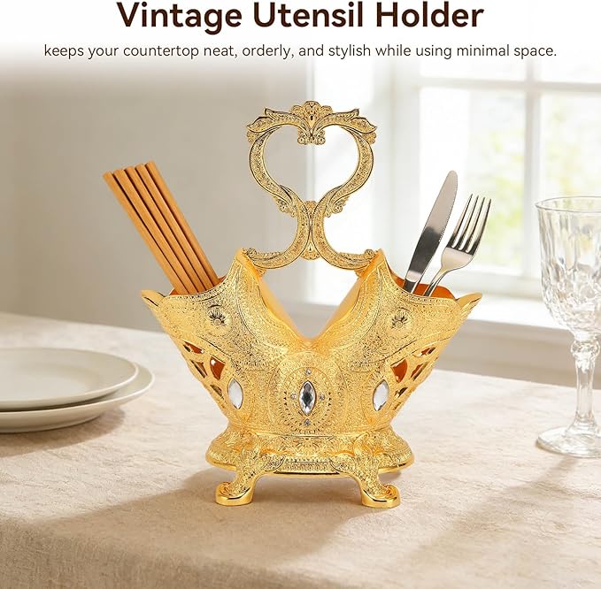 Cyrank Vintage Utensil Holder, Gold Kitchen Utensil Holder for Countertop Metal Utensil Organizer Silverware Caddy Storage Holder for Flatware, Cutlery, Spoon, Fork