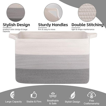 OIAHOMY Extra Large Blanket Basket, 95L Cotton Rope Woven Laundry Basket, Toy Bin for Baby Room, Container for Blanket Storage in Living Room, 24''×17''×14'', Gradient Grey