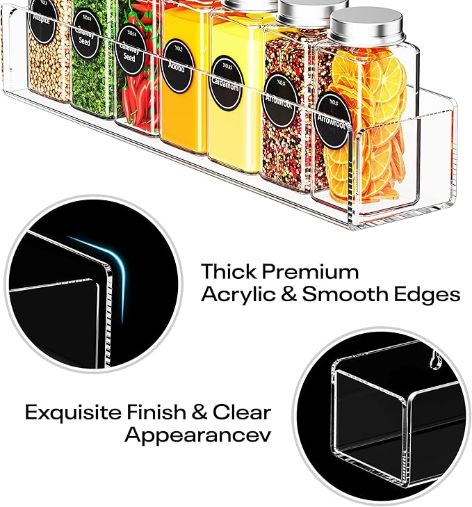 Wall Mounted Acrylic Spice Rack 4 Pack, 9 Inch Clear Pantry Door Organizer, Floating Spice Organizer, Adhesive or Screw Mounted Cabinet Seasoning Shelf