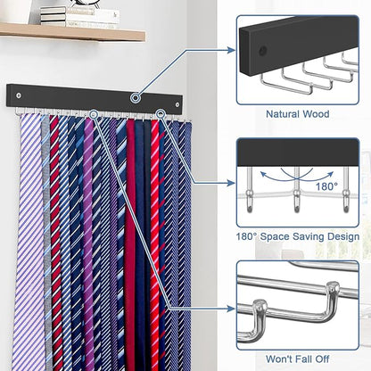 【2 in 1】 Tie Rack Belt Organizer Wall Mounted, Space Saving Tie Hanger for Closet with 20 Storage Hooks, Belt Holder for Closet Organizer Storage