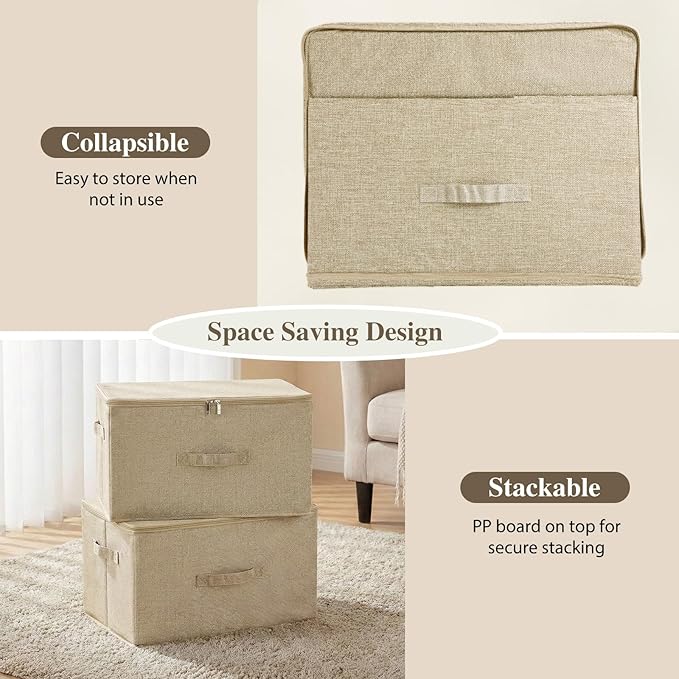 ANMINY Storage Bins with Zipper Lids 13 Qt Lidded Fabric Storage Boxes Baskets Cubes with Handles Collapsible Washable Cotton Linen Closet Shelf Clothes Organizer Containers - Beige, Small