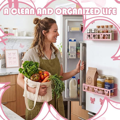Beeveer 2 Pack Sweet Bow Magnetic Spice Rack for Refrigerator Metal Magnet Basket Shelf for Fridge Seasoning Storage Organizers Home Decor Kitchen Accessories (Pink)