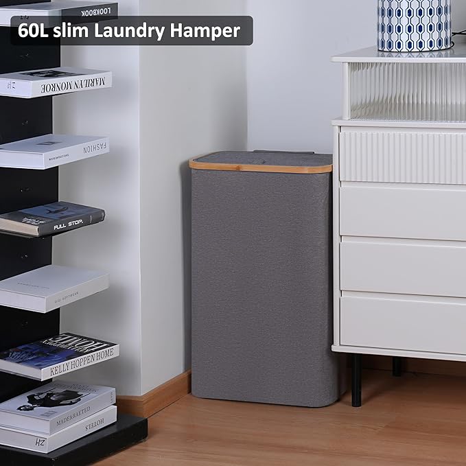 Slim Laundry Basket,60L Laundry Hamper with Lid, Tall Hamper for Laundry,Dirty Cloth Hamper with Bamboo Handle for Towels, Clothes Organizing,Grey