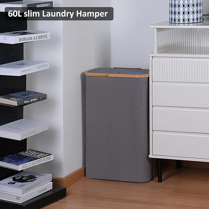 Slim Laundry Basket,60L Laundry Hamper with Lid, Tall Hamper for Laundry,Dirty Cloth Hamper with Bamboo Handle for Towels, Clothes Organizing,Grey