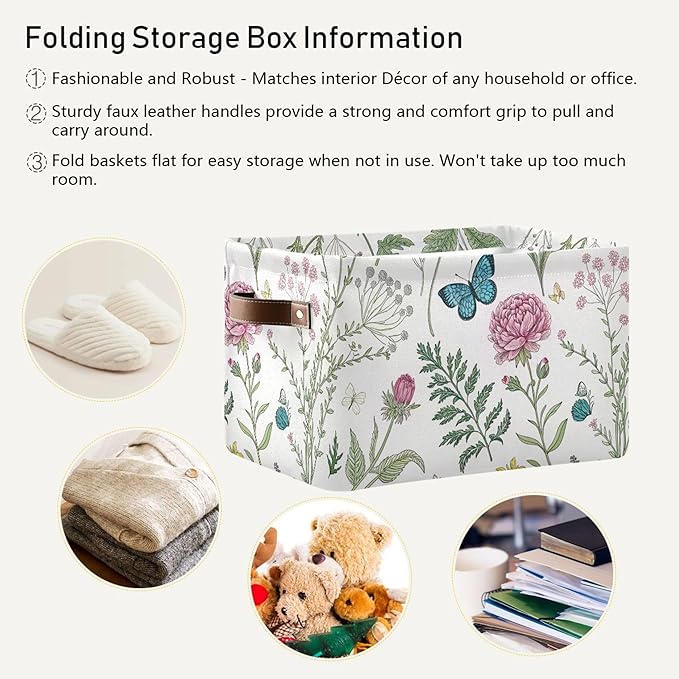 Kigai Herb and Wild Flowers Storage Basket Collapsible Rectangle Storage Bin Shelves Basket Organizer with Leather Handle for Closet, Office, Nursery, Home Decor