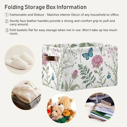 Kigai Herb and Wild Flowers Storage Basket Collapsible Rectangle Storage Bin Shelves Basket Organizer with Leather Handle for Closet, Office, Nursery, Home Decor