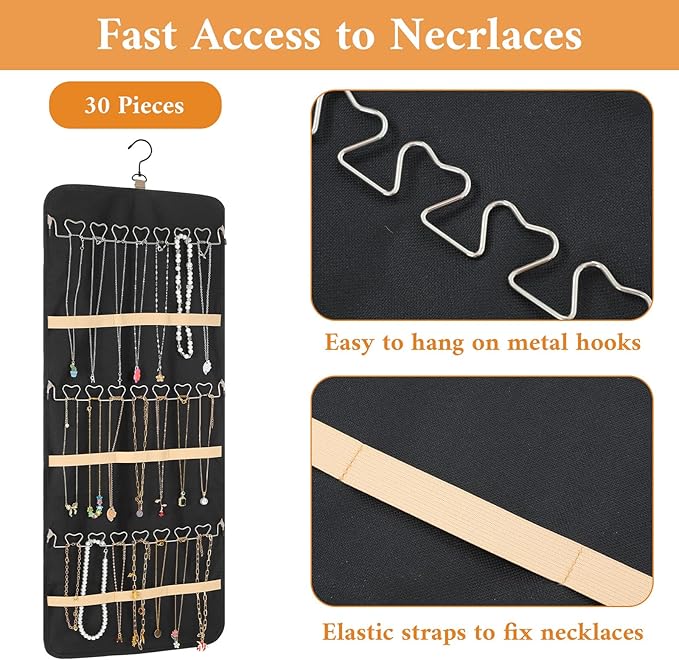 2 Pack Double Sided Hanging Jewelry Organizer for Closet with 48 Pockets & 30 Necklace Hooks, Premium Hanging Jewelry Storage for Earrings, Rings, Bracelets Display (Black)