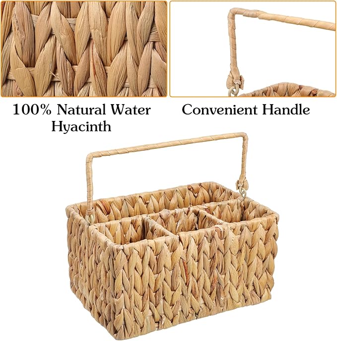 Hand-Woven Wicker Silverware Organizer - Water Hyacinth Cutlery Holder for Countertop with Handle (1-Pack)
